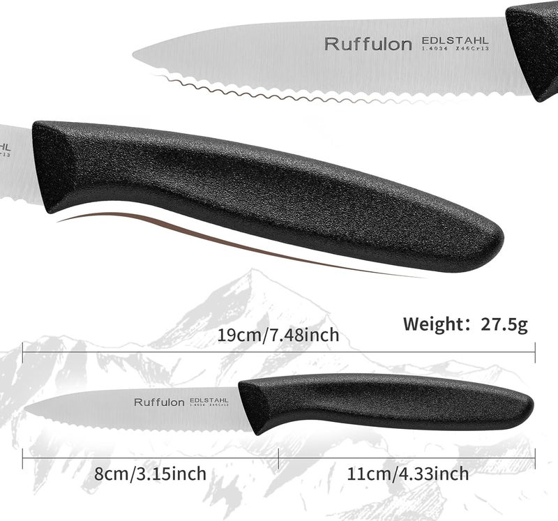 Ruffulon Stainless Steel Paring Knife With Serrated Blade, 6 Pieces Set Vegetable and Fruit Knife, Ultra Sharp Small Kitchen Knife, Black Paring Knifves with PP Plastic Ergonomic Handle. - Image 2